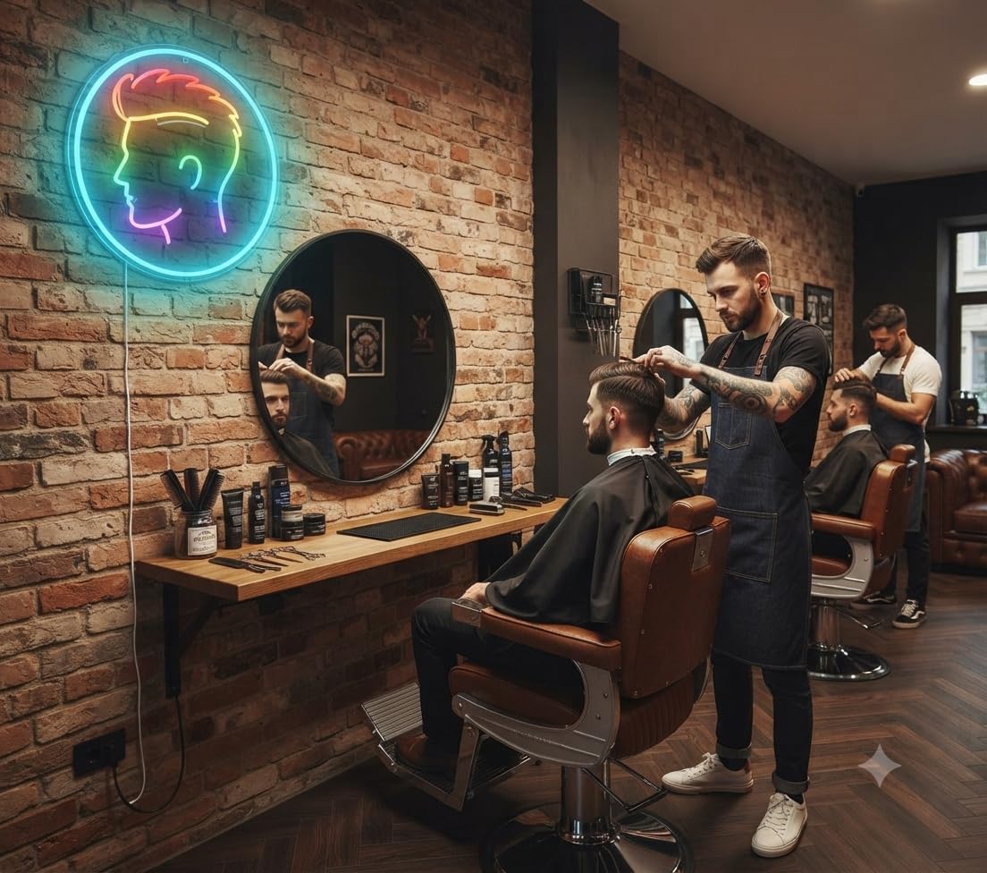 Letrero Neón LED Silueta peluquería Hombre con Marco Circular Multicolor metacrilato transparente 12v alimentación 40cm aproximadamente