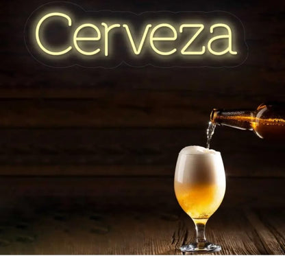 Letrero LED Neón Decorativo 'Cerveza', Iluminación de Pared, Amarillo medidas 90cm x24cm alimentacion 12v