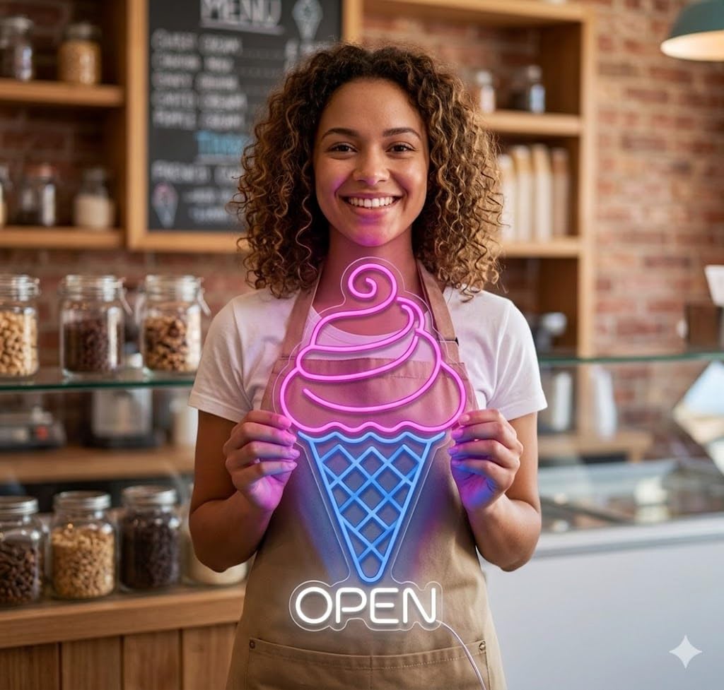Letrero Neón de Helado OPEN, Luz neón LED, Rosa, Azul y Blanco, Decoración de Pared con base metacrilato transparente, cadena, cable de 1.5 m y alimentación 12 v medidas 35x65 cm