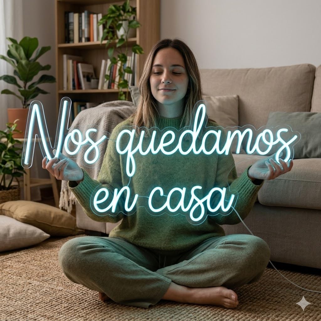 Letrero Neón de Nos Quedamos en Casa, Luz neón LED, Azul Claro, Decoración de Pared con base metacrilato transparente, cadena, cable de 1.5 m y alimentación 12 v medidas 80x40 cm