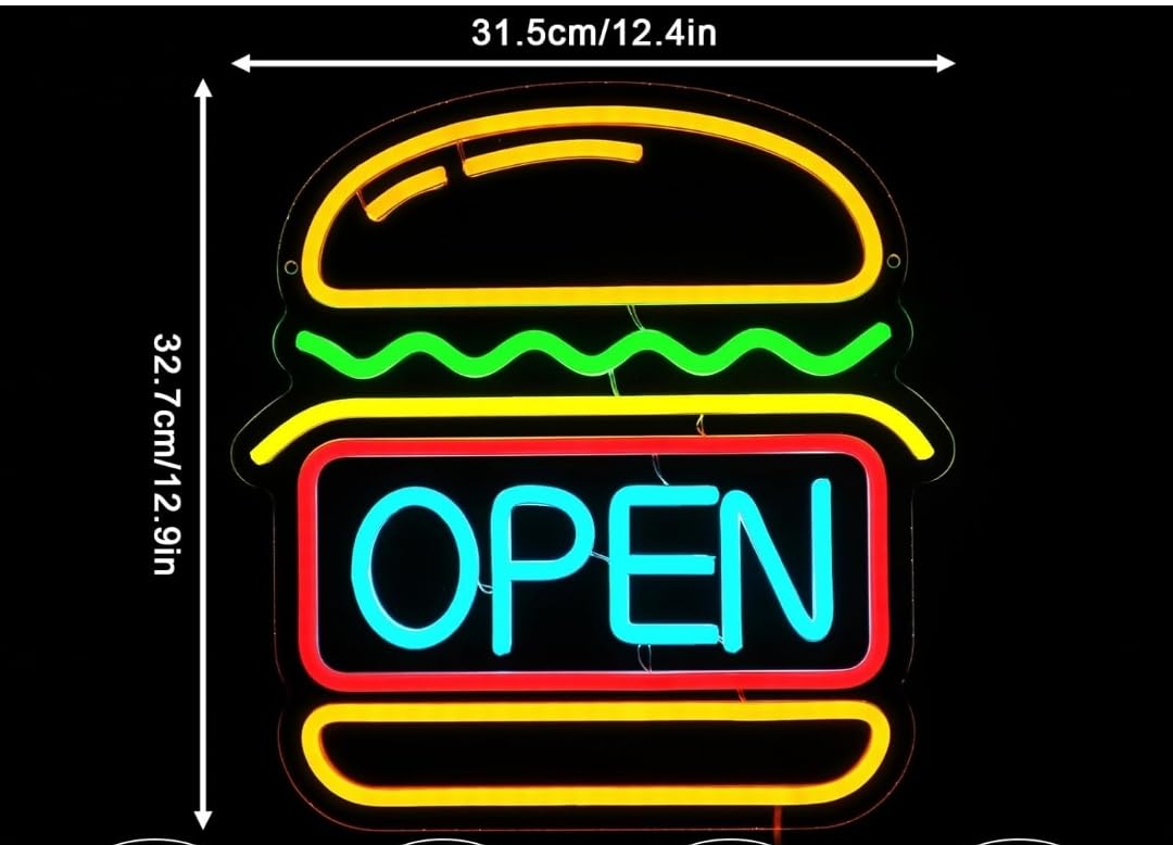 Letrero Luminoso de Neón Hamburguesa con OPEN, 31,5 x 32,7 cm, Multicolor