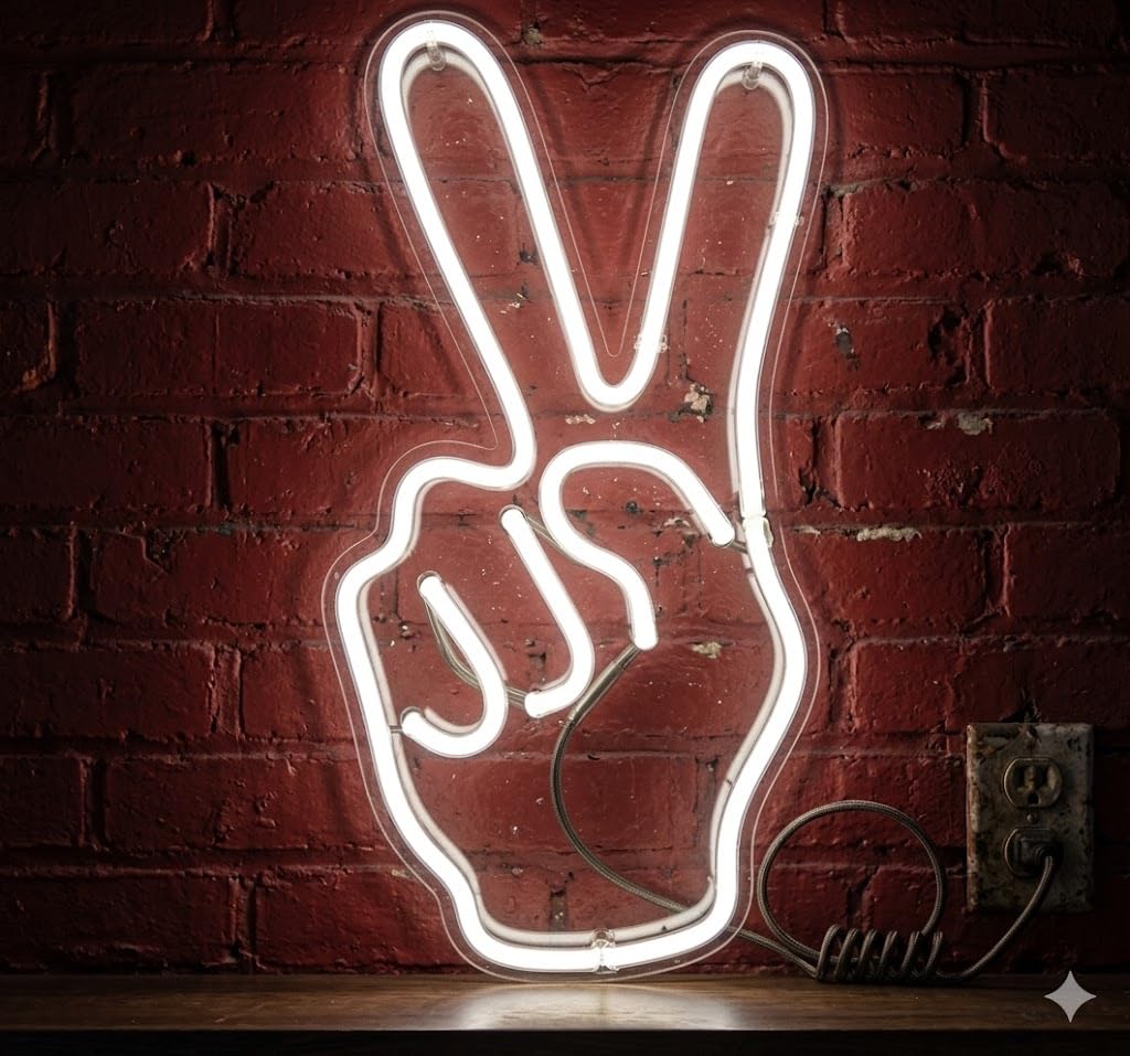Letrero Neón de Mano Símbolo de la Paz, Luz neón LED, Color Blanco, Decoración de Pared con base metacrilato transparente, cadena, cable de 1.5 m y alimentación 12 v medidas 25x45 cm