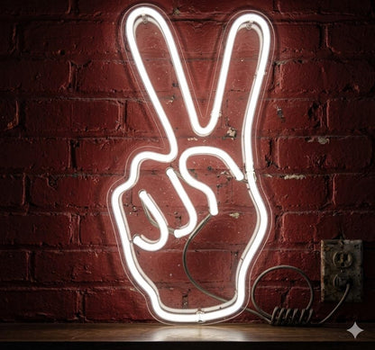 Letrero Neón de Mano Símbolo de la Paz, Luz neón LED, Color Blanco, Decoración de Pared con base metacrilato transparente, cadena, cable de 1.5 m y alimentación 12 v medidas 25x45 cm