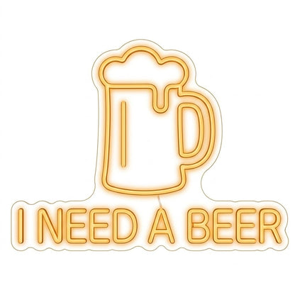 Letrero Neón de Jarra de Cerveza con frase "I NEED A BEER", Luz neón LED, Amarillo, Decoración de Pared con base metacrilato transparente, cadena, cable de 1.5 m y alimentación 12 v medidas 45x55 cm