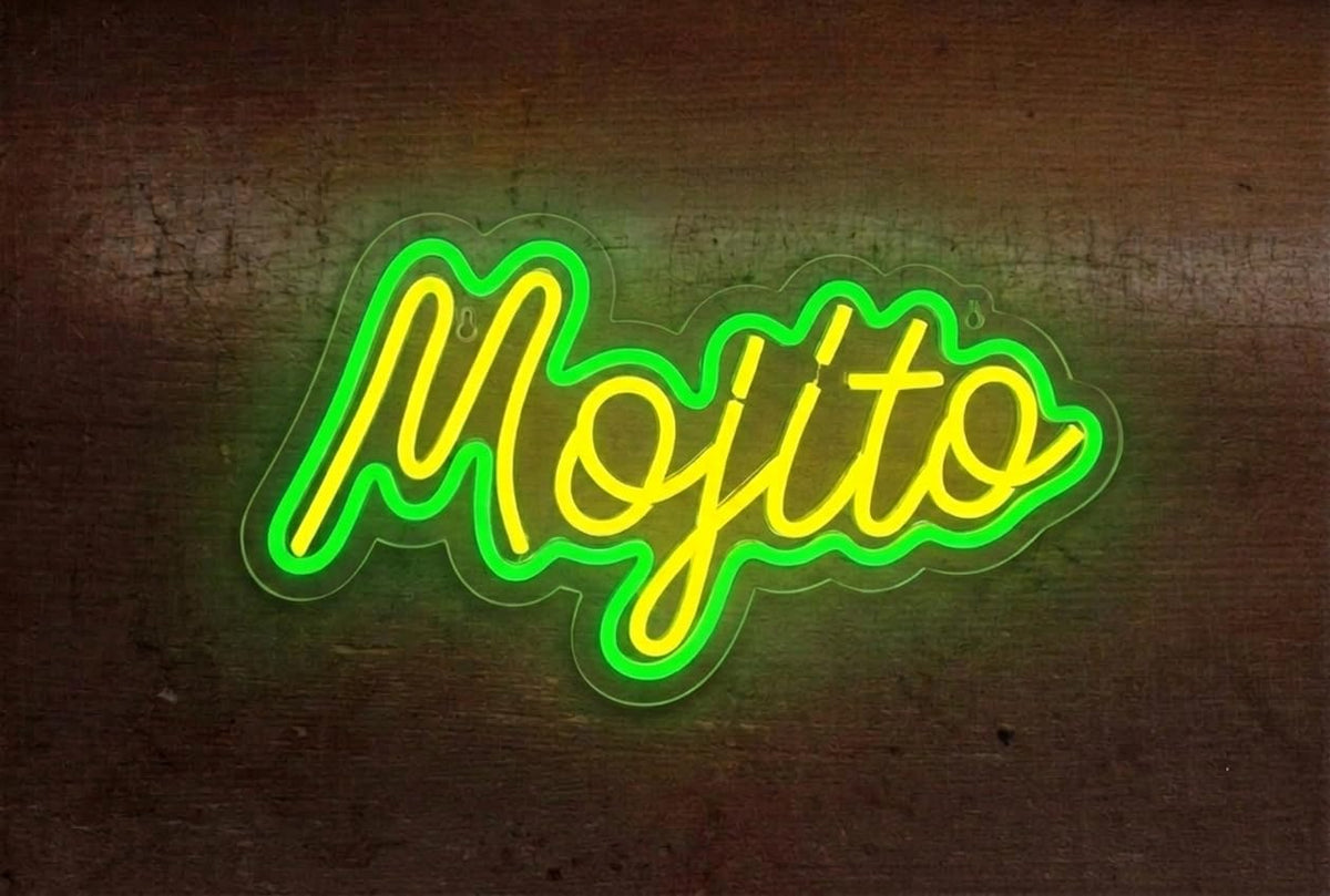 Letrero LED Decorativo Neón, Diseño Mojito Moderno en Verde y Amarillo, Luz de Pared para Decoración, Material Acrílico, Medidas 40x30cm