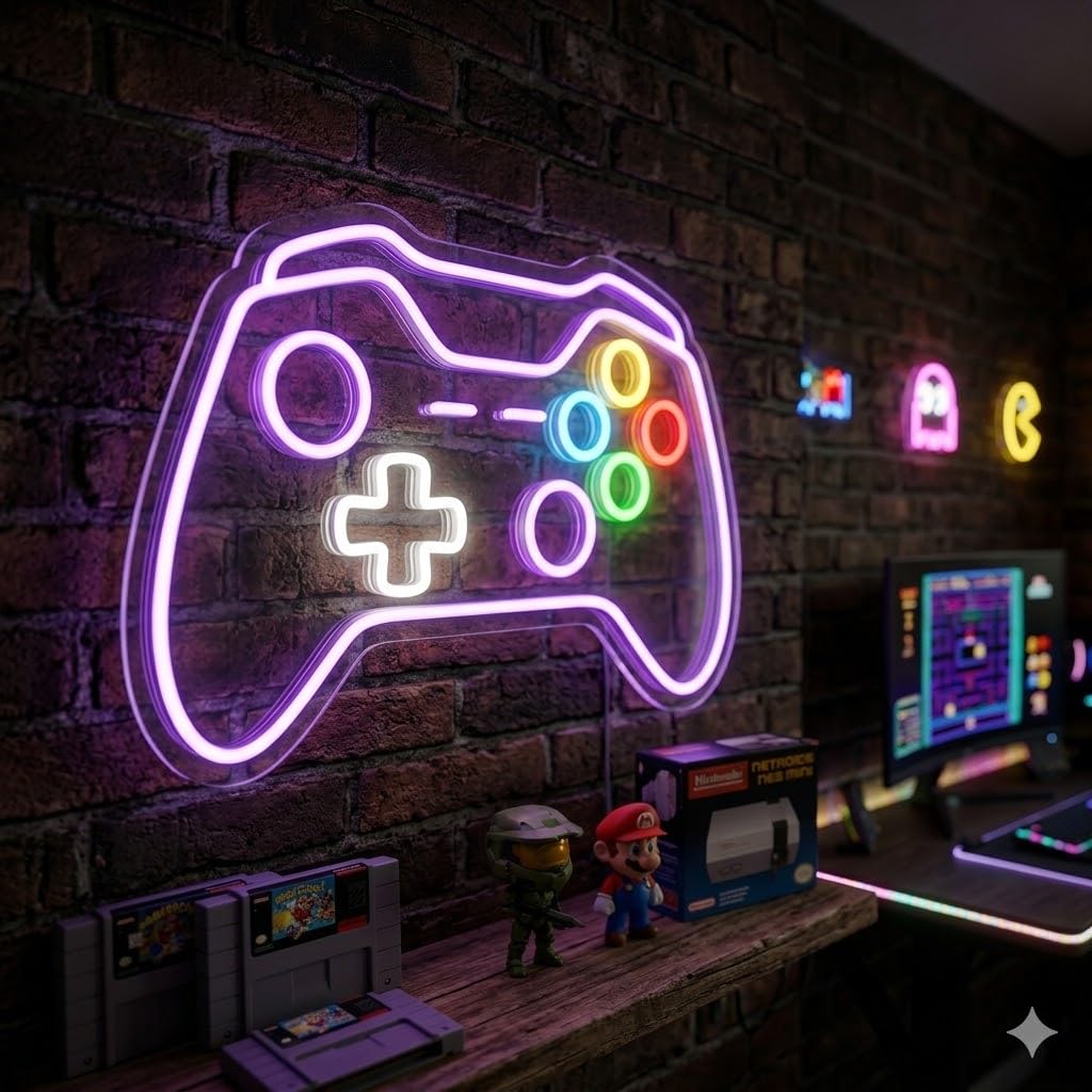 Letrero Neón de Mando de Videojuegos, Luz neón LED, Multicolor, Decoración de Pared con base metacrilato transparente,cadena,cable de 1.5 m y alimentación 12 v medidas 50x35 cm
