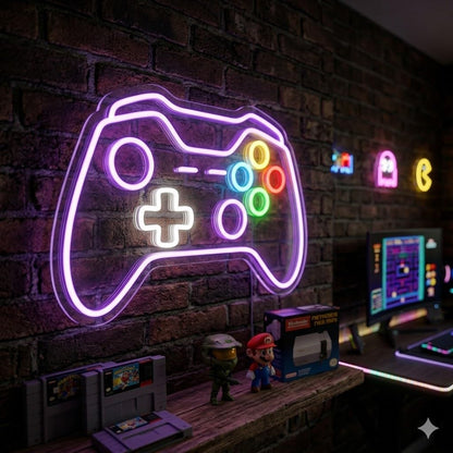 Letrero Neón de Mando de Videojuegos, Luz neón LED, Multicolor, Decoración de Pared con base metacrilato transparente,cadena,cable de 1.5 m y alimentación 12 v medidas 50x35 cm