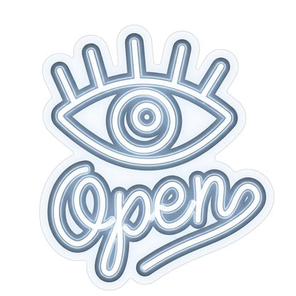 Letrero Neón de Ojo OPEN, Luz neón LED, Blanco, Decoración de Pared con base metacrilato transparente, cadena, cable de 1.5 m y alimentación 12 v medidas 50x65 cm