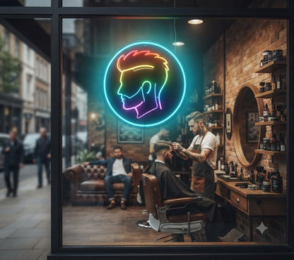 Letrero Neón LED Silueta peluquería Hombre con Marco Circular Multicolor metacrilato transparente 12v alimentación 40cm aproximadamente