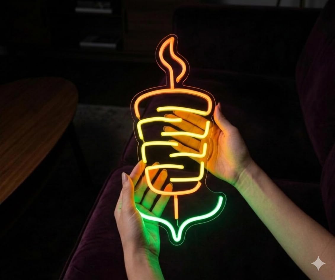 Letrero Neón kebab, Luz Neón LED, Bicolor (Rojo y Verde), Decoración de Pared con Base Metacrilato Transparente, Cadena, Cable de 1.5 m y Alimentación 12 v, Medidas Aproximadamente 45x35 cm