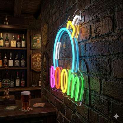 Letrero Neón de Texto con bomba y "BOOM", Luz neón LED, Multicolor, Decoración de Pared con base metacrilato transparente,cadena,cable de 1.5 m y alimentación 12 v medidas 50x55 cm