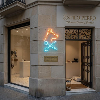 Letrero Neón de perro con tijeras, Luz neón LED, Verde, Decoración de Pared con base metacrilato transparente, cadena, cable de 1.5 m y alimentación 12 v medidas 60x70 cm
