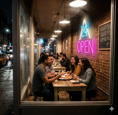 Letrero Neón de 24 OPEN con Triángulo, Luz neón LED, Rosa, Azul y Blanco, Decoración de Pared con base metacrilato transparente, cadena, cable de 1.5 m y alimentación 12 v medidas 45x55 cm