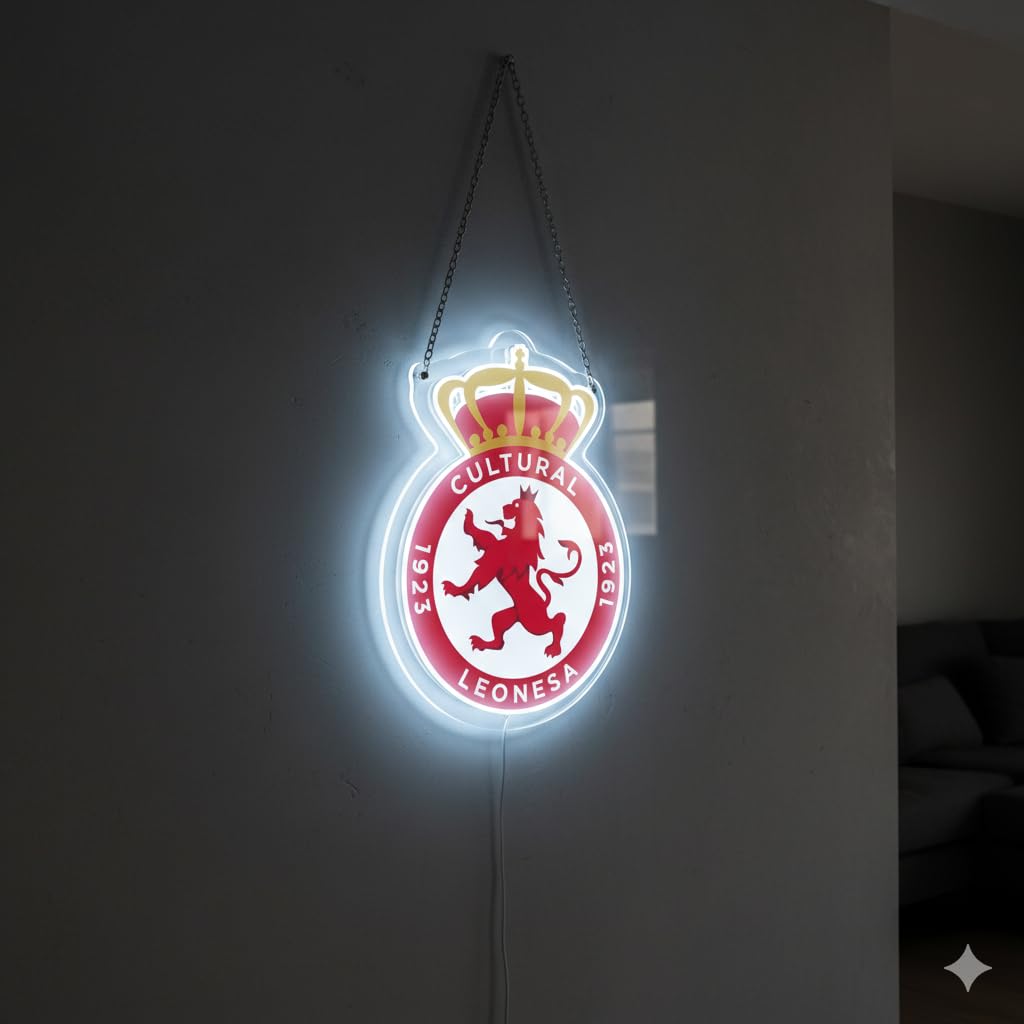 Cultural Leonesa escudo Pantalla neón LED de Bar Deportivo, Proyección de Fútbol en Vivo, Logo Iluminado, Ambiente de Pub