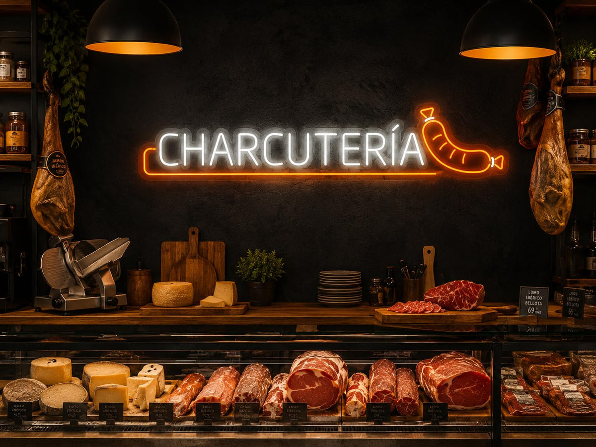 Letras de Neón Led CHARCUTERÍA, Fabricadas en Metacrilato, Para Negocio, Tienda o Comercio medidas 70cm alimentacion 12v