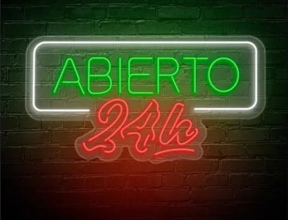 Letrero de Neón Abierto 24h, Señalización Luminosa LED, Verde y Rojo