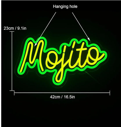 Letrero LED Decorativo Neón, Diseño Mojito Moderno en Verde y Amarillo, Luz de Pared para Decoración, Material Acrílico, Medidas 40x30cm