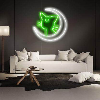 Letrero de Neón LED de Luna y Gato, Luz de Acrílico Transparente Regulable, Decoración de Pared para Habitación y Dormitorio, Material Acrílico con Tubo LED, 12V medidas 50x50cm