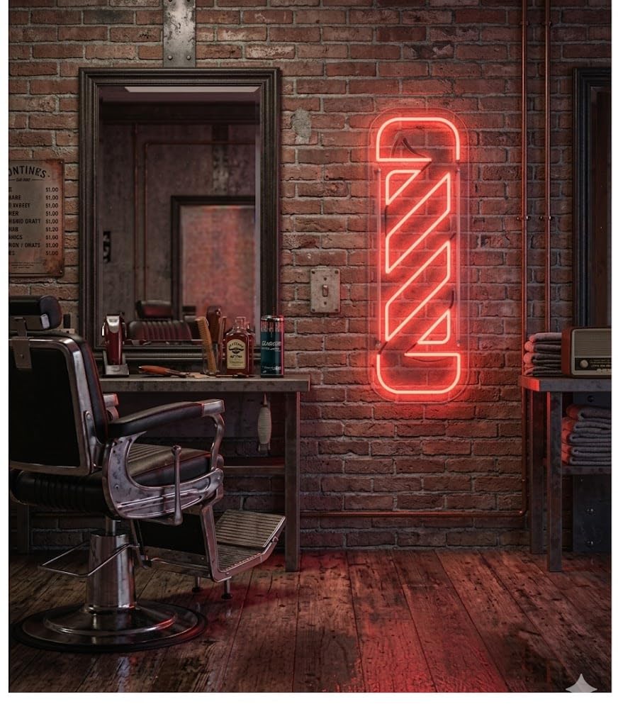 Letrero Neón de Poste de Barbero, Luz neón LED, Color Rojo, Decoración de Pared con base metacrilato transparente, cadena, cable de 1.5 m y alimentación 12 v medidas 55x15 cm