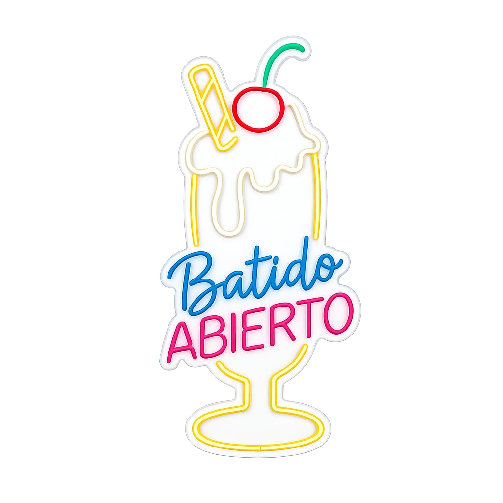 Letrero Neón de Batido Abierto, Luz neón LED, Multicolor, Decoración de Pared con base metacrilato transparente, cadena, cable de 1.5 m y alimentación 12 v medidas 45x75 cm