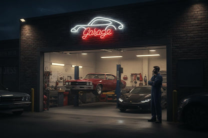 Letrero Neón led metacrilato transparente Garage con Silueta de Auto, Rojo y Blanco, medidas aproximadamente 60cm, alimentación 12v