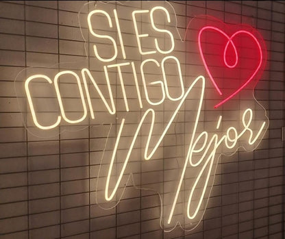 Letrero LED de Neón Decorativo, Texto en Español con Corazón Rojo, Iluminación Blanca, Montaje en Pared 80x 65cm 12v