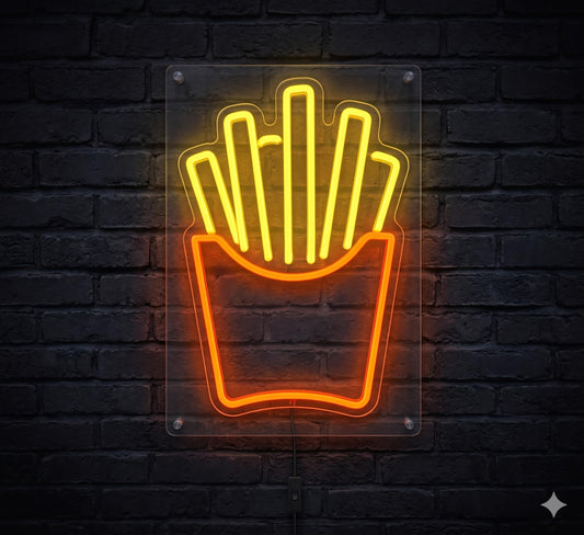 Letrero Neón de Patatas Fritas, Luz neón LED, Colores, Decoración de Pared con base metacrilato transparente,cadena,cable de 1.5 m y alimentación 12v medidas 50x25 cm