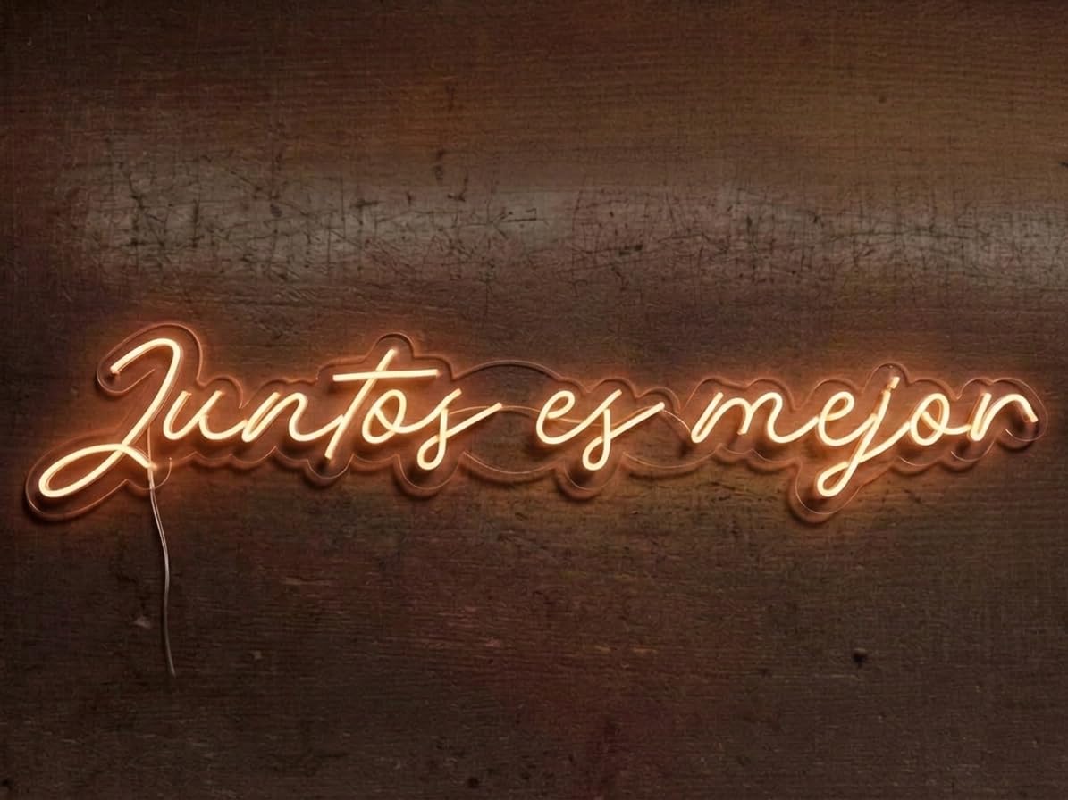 Letrero LED de Neón con Frase Juntos es Mejor con Luz Cálida, Luz Decorativa 100l x 30an Centímetros, Alimentador 12V, Luz Neón para Bodas y Ceremonias