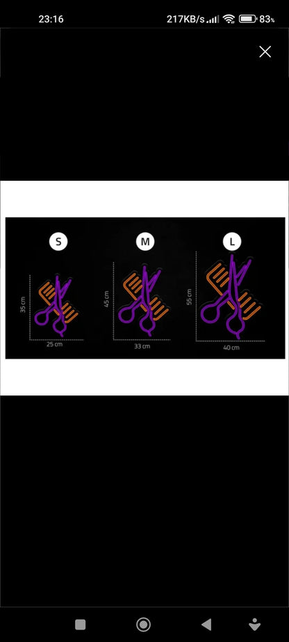 Letrero LED Decorativo de Neón para Peluquería, Tijeras y Peine, 3 Tamaños: 25cm, 33cm, 40cm, Luz Púrpura y Naranja