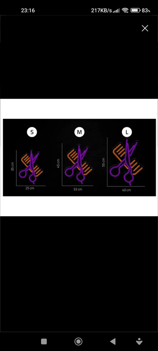 Letrero LED Decorativo de Neón para Peluquería, Tijeras y Peine, 3 Tamaños: 25cm, 33cm, 40cm, Luz Púrpura y Naranja