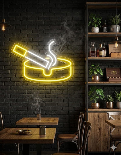 Letrero Neón de Cenicero y Cigarrillo, Luz neón LED, Bicolor (Amarillo y Blanco), Decoración de Pared con base metacrilato transparente, cadena, cable de 1.5 m y alimentación 12 v medidas 50x40 cm