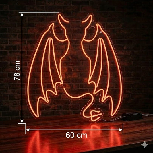 Letrero Neón de Alas y cuernos diablo, Luz neón LED, Colores, Decoración de Pared con base metacrilato transparente,cadena,cable de 1.5 m y alimentación 12 v medidas 60x78 cm