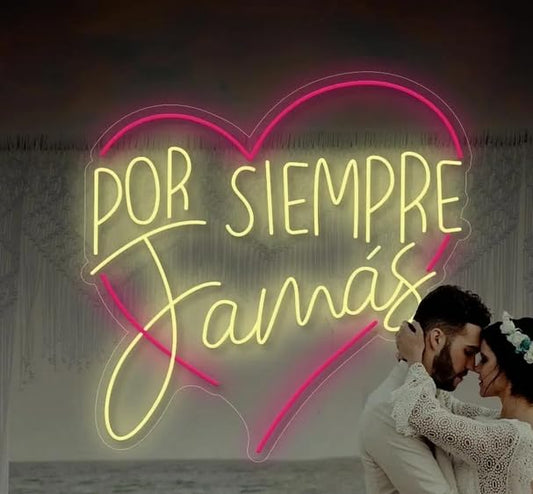Letrero LED Neón 'Por Siempre Jamás', Luz en Rosa y Amarillo, 60 x 60 cm, Decoración de Pared para Bodas