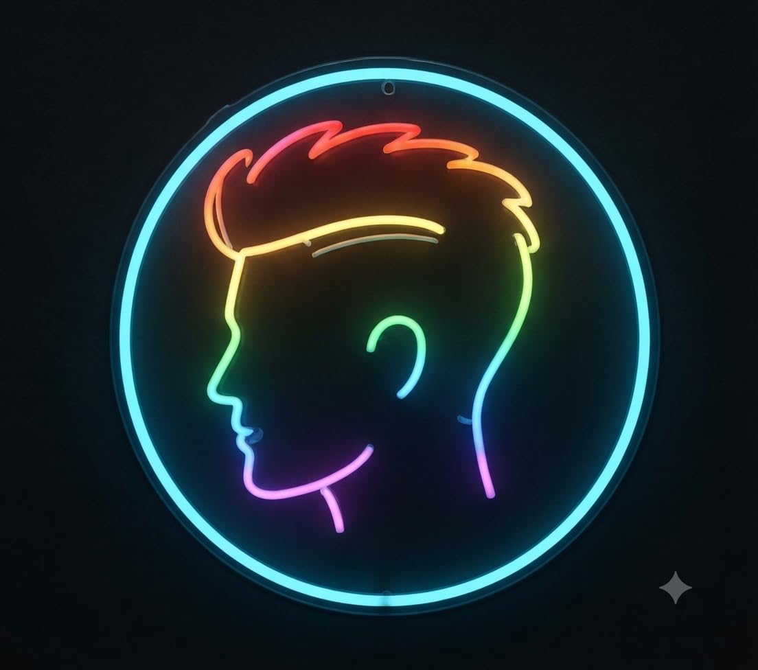 Letrero Neón LED Silueta peluquería Hombre con Marco Circular Multicolor metacrilato transparente 12v alimentación 40cm aproximadamente