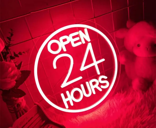 Letrero LED Neón 'Open 24 Hours', Luz Roja, Señalización Luminosa para Negocio