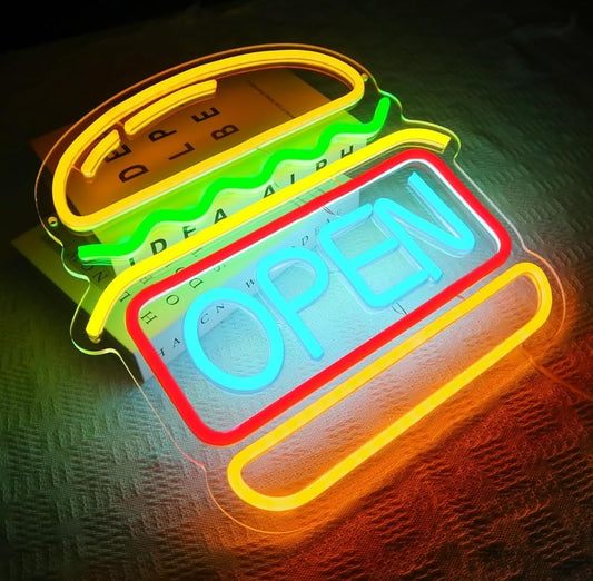 Letrero Luminoso de Neón Hamburguesa con OPEN, 31,5 x 32,7 cm, Multicolor