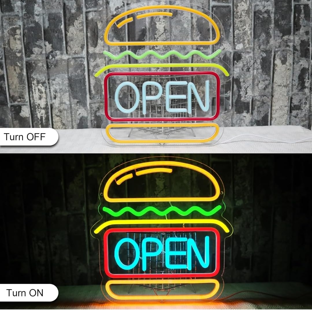 Letrero Luminoso de Neón Hamburguesa con OPEN, 31,5 x 32,7 cm, Multicolor