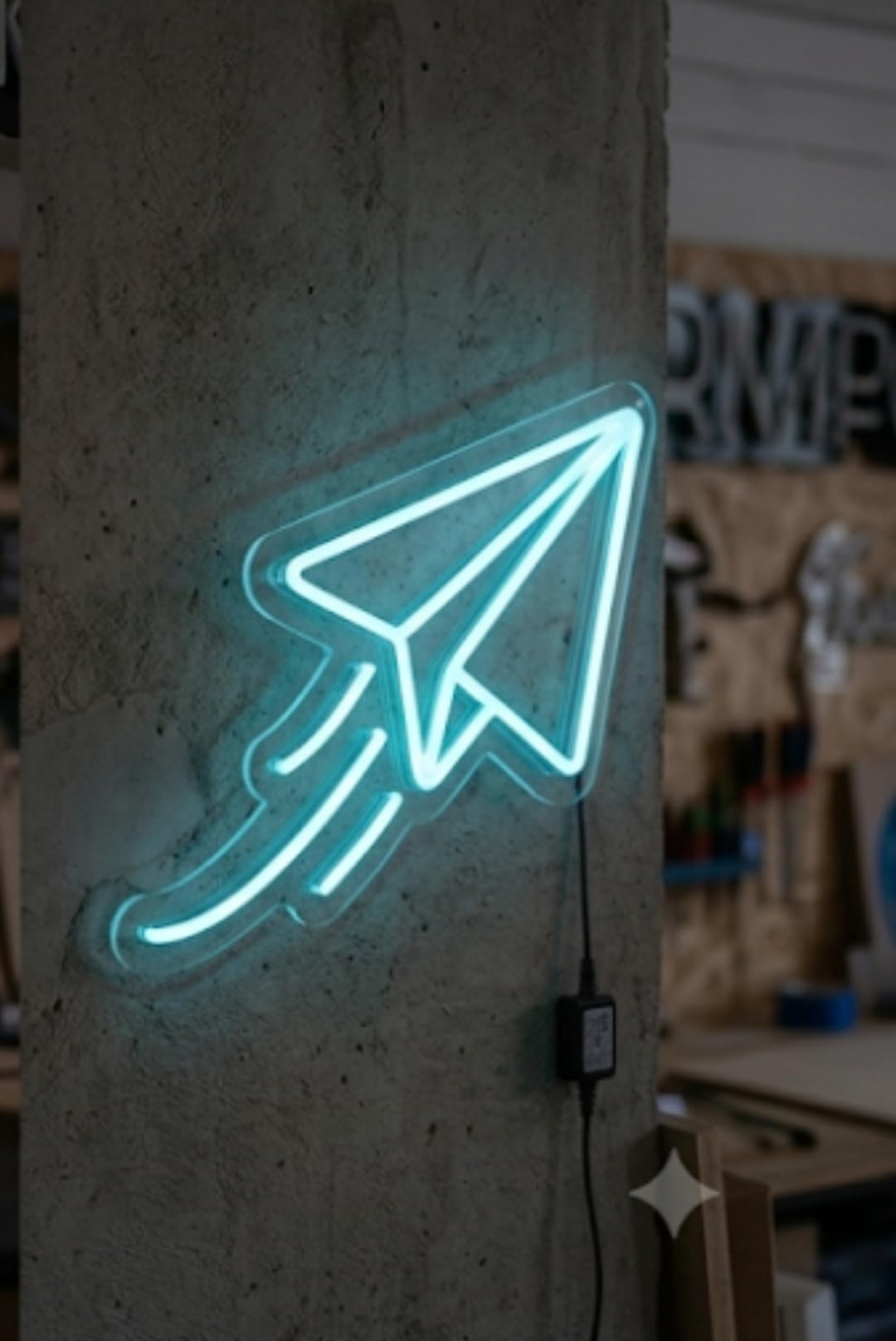 Letrero Neón led Avión de Papel Color Turquesa para Pared metacrilato transparente con forma 40 cm aproximadamente alimentación 12v