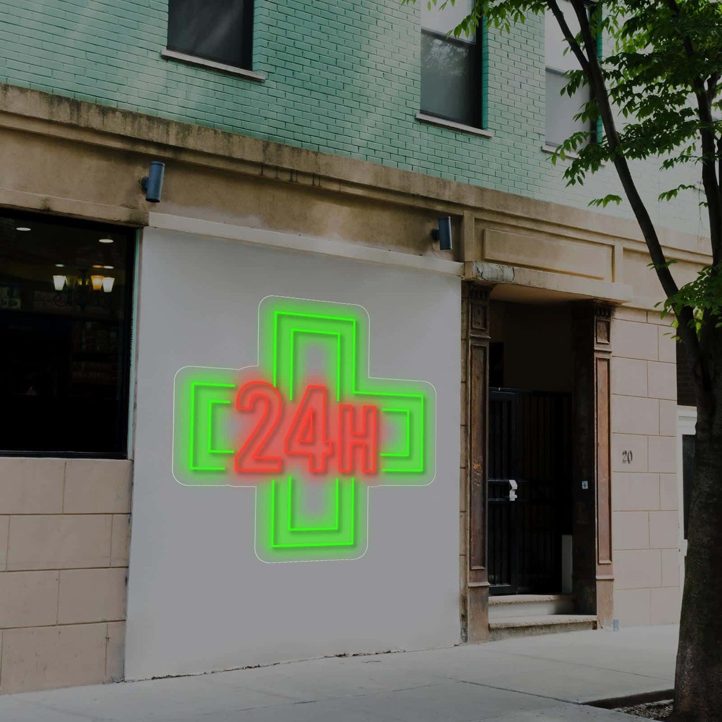 Letrero LED de Cruz de Farmacia, 45 cm x 45 cm, Verde y Rojo, Señalización Luminosa 24H