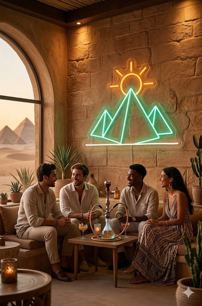 Letrero Neón de Paisaje de piramides y Sol, Luz neón LED, Multicolor, Decoración de Pared con base metacrilato transparente, cadena, cable de 1.5 m y alimentación 12 v medidas 42x38 cm.CUADRO