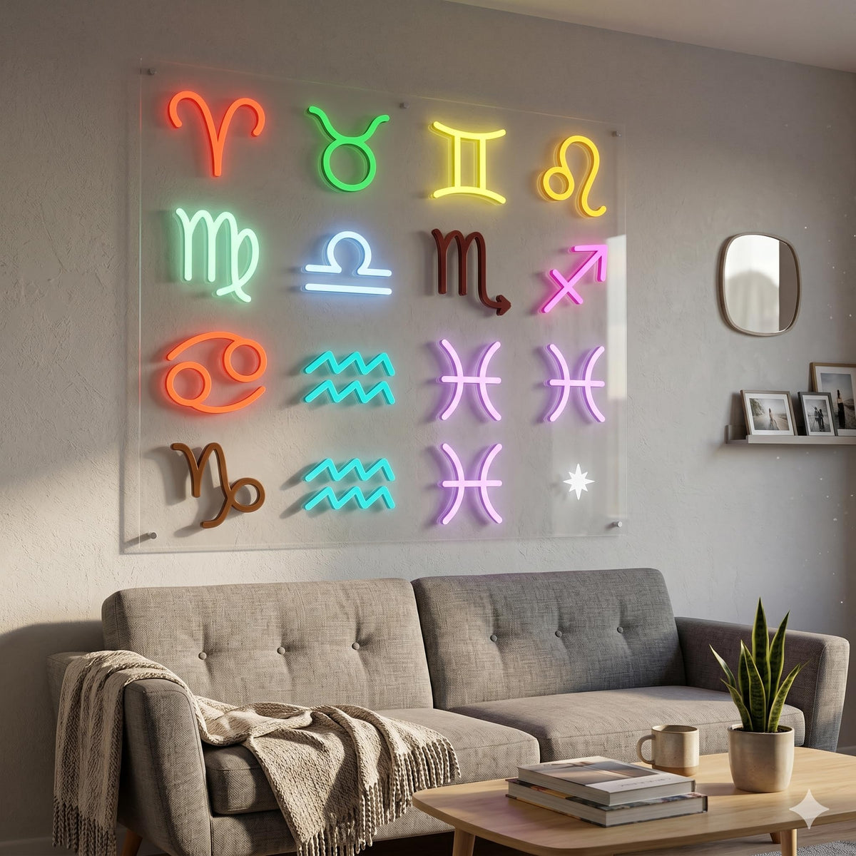 Letrero Neón a elegir con horóscopo astrológico, Luz neón LED, Colores a elegir,con base metacrilato transparente,cadena,cable de 1.5 m y alimentación 12v medidas 40 cm de alto