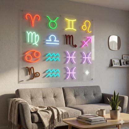 Letrero Neón a elegir con horóscopo astrológico, Luz neón LED, Colores a elegir,con base metacrilato transparente,cadena,cable de 1.5 m y alimentación 12v medidas 40 cm de alto