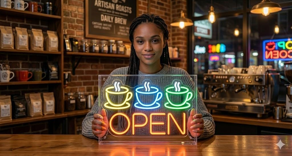 Letrero Neón de OPEN con Tazas de Café, Luz neón LED, Multicolor, Decoración de Pared con base metacrilato transparente, cadena, cable de 1.5 m y alimentación 12 v medidas 60x40 cm