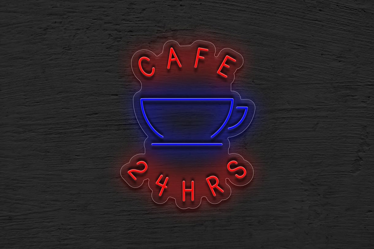 Letrero LED de Neón, Café 24 Horas, Diseño de Taza, Rojo y Azul, Decoración de Pared 60 x60 cm alimentacion 12 v
