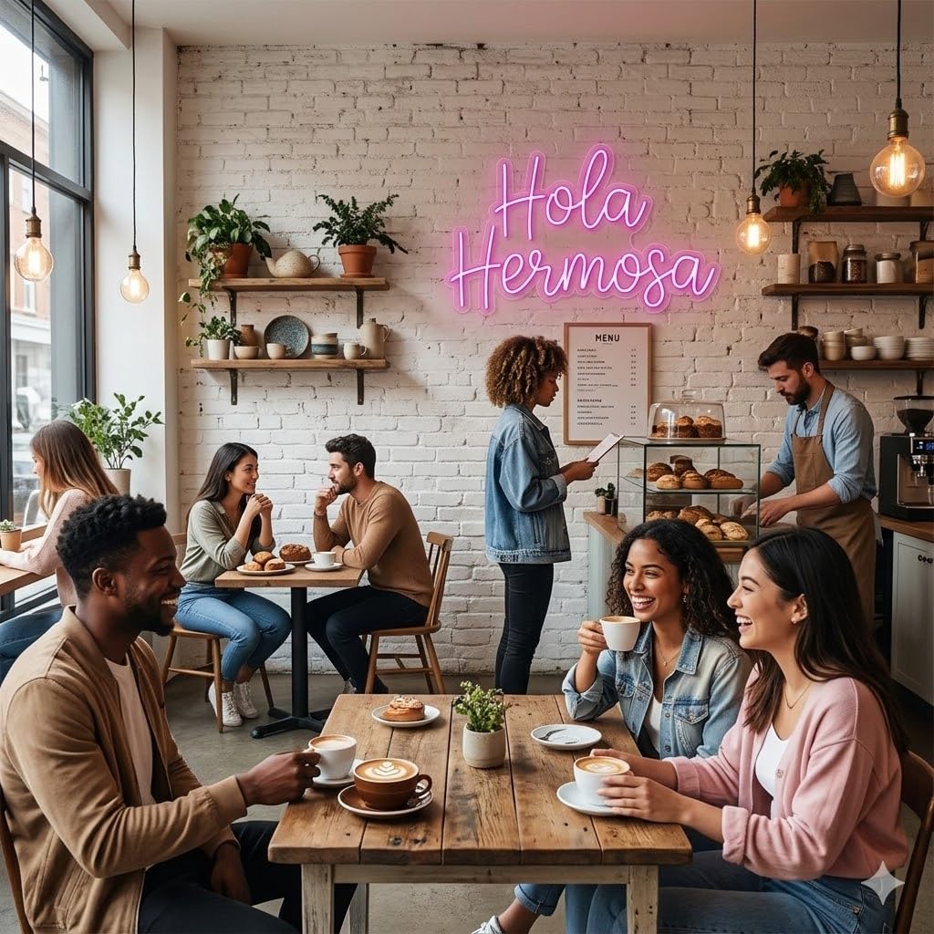 Letrero Neón de Hola Hermosa, Luz neón LED, Rosa, Decoración de Pared con base metacrilato transparente, cadena, cable de 1.5 m y alimentación 12 v medidas 65x40 cm