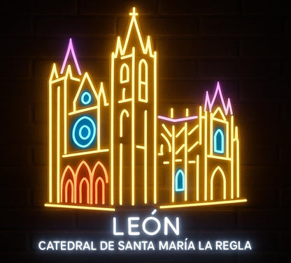 Lámpara LED de Neón Decorativa, Catedral de León, Diseño de Santa María La Regla, Iluminación Multicolor, medidas 84x,56 cm Sin texto solo imágenen en neón led