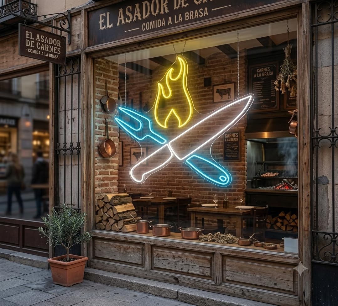 Letrero Neón led metacrilato transparente chchillo tenedor llama cocina al fuego a la brasa baebacoamedidas 50 cm aproximadamente 12v