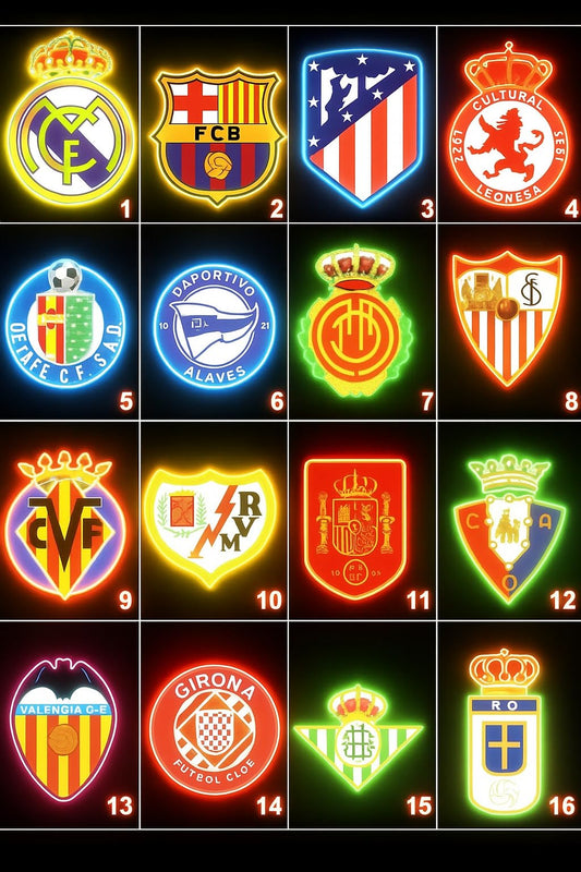 SOLOLED Colección de Escudos de Fútbol regalo Español neón LED vinilo metacrilato Logos Iluminados de La Liga, 16 Escudos cln neón led Solo incluido en el precio 1 escudo Medidas aproximadamente 40cm