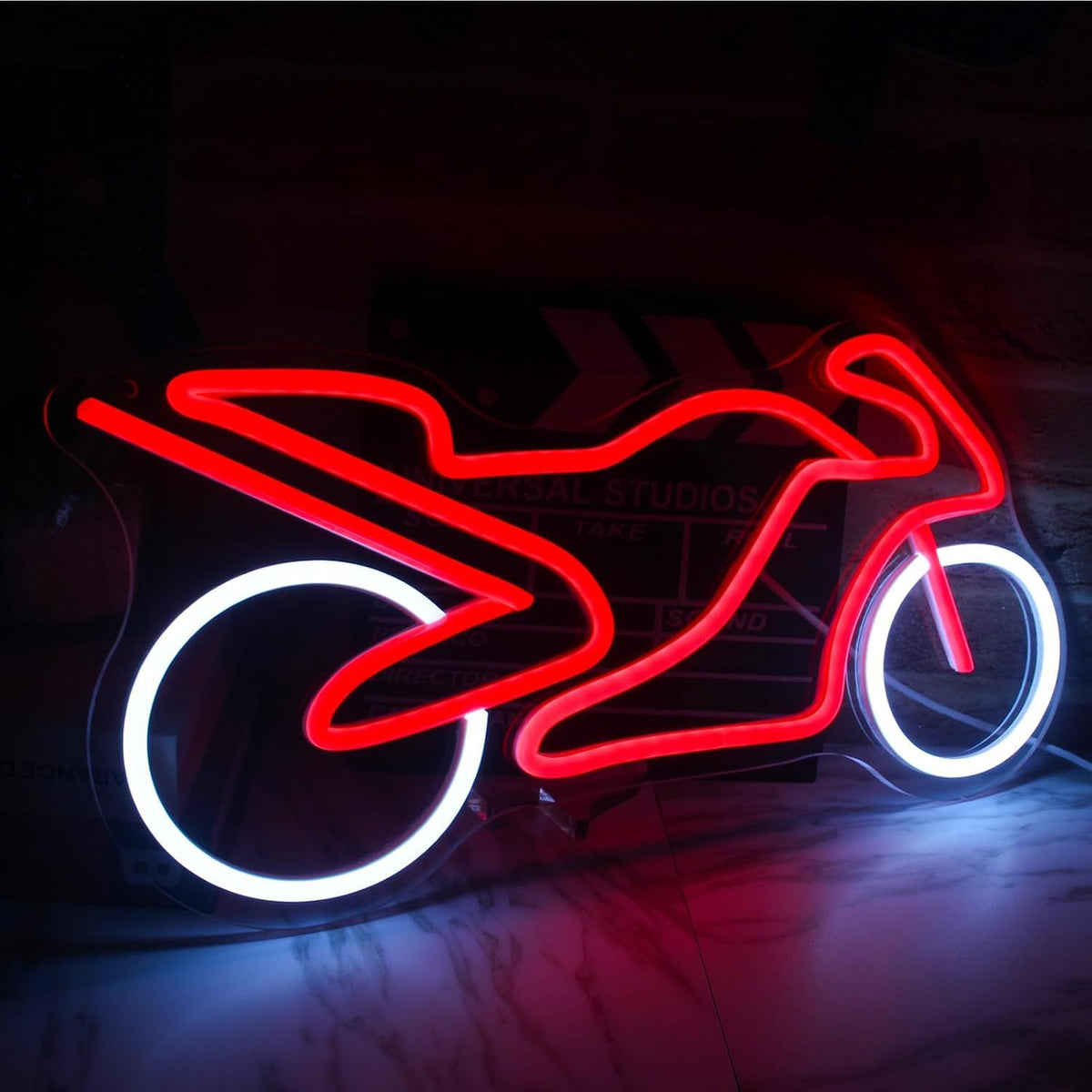 Lámpara de Neón LED Decorativa, Motocicleta Deportiva, Rojo y Blanco, Iluminación para Pared, 42x20 cm