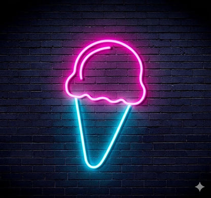 Letrero Neón de Cono de Helado, Luz neón LED, Bicolor (Rosa y Azul), Decoración de Pared con base metacrilato transparente, cadena, cable de 1.5 m y alimentación 12 v medidas 45x25 cm